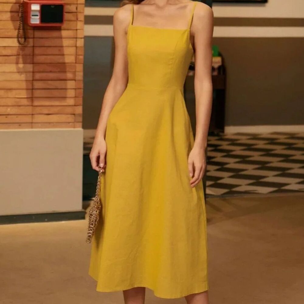 Rihoas Cotton Linen Square Neck Shirred Slip Midi Dress Mustard Yellow Large NWT